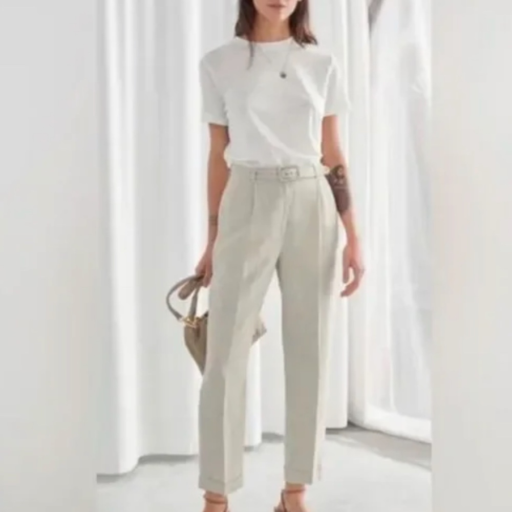 & Other Stories pleat detail linen pants in beige 6 with belt